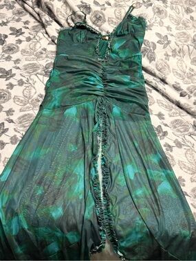 Green Ruched Slip Dress with Ruffle Trim